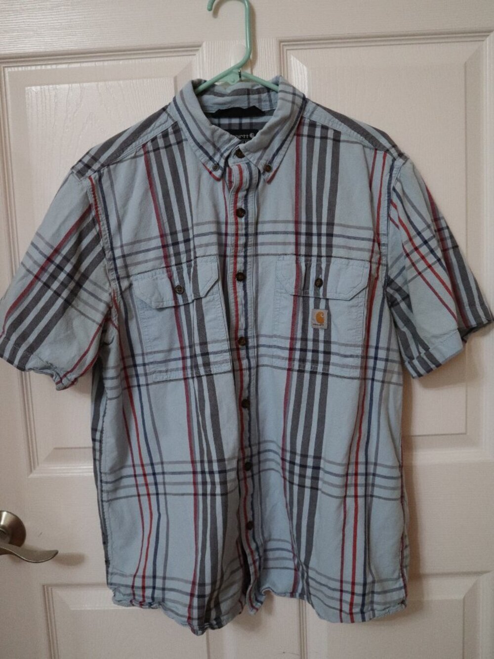 Carhartt Shirt Mens Sz Large Loose Fit Blue Plaid Short Sleeve Casual 105175 H51